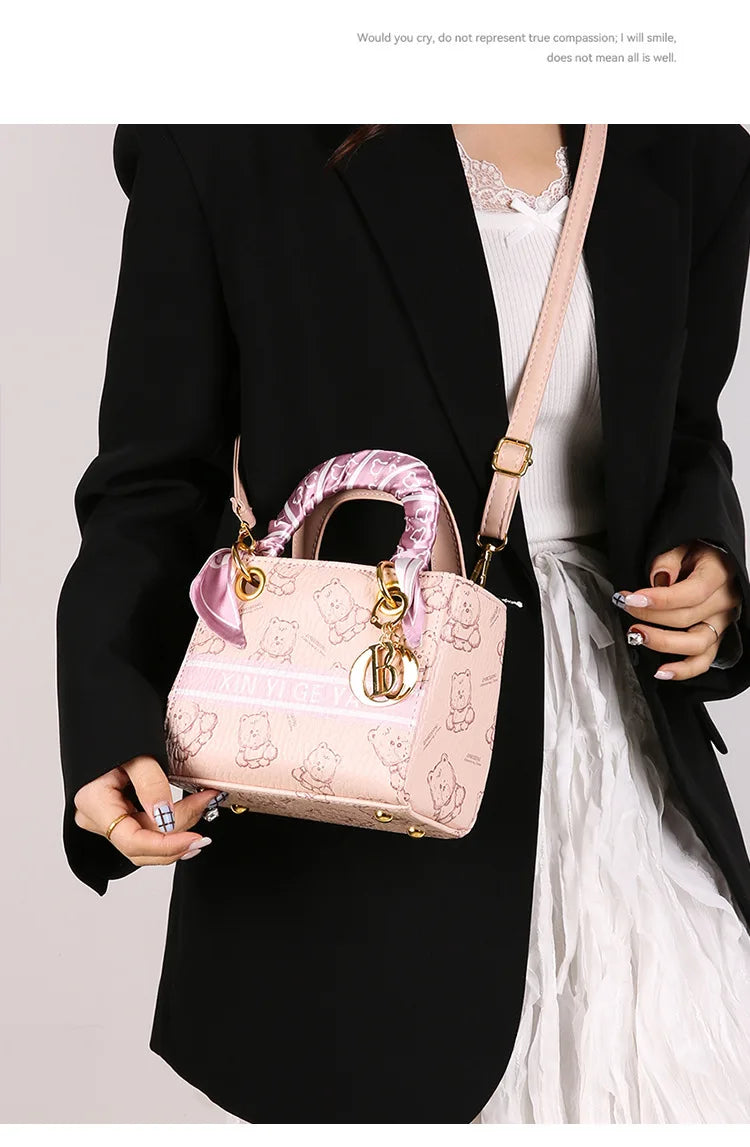 Luxury Bear Print Tote Bag for Women 2025, French Inspired Bucket Shoulder Purse, High Quality PU Leather Crossbody Bag