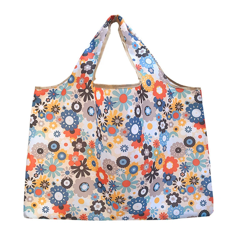 Fashion Pocket Tote Women Bag Eco-Friendly Folding Shopping Bag Reusable Portable Shoulder Handbag for Travel Supermarket