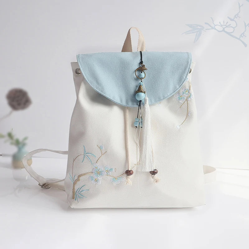 Women's Canvas Embroidered Flower Tassel Backpack Chinese Style Hanfu Casual Pendant Multi Pocket Large Capacity Girls Handbag