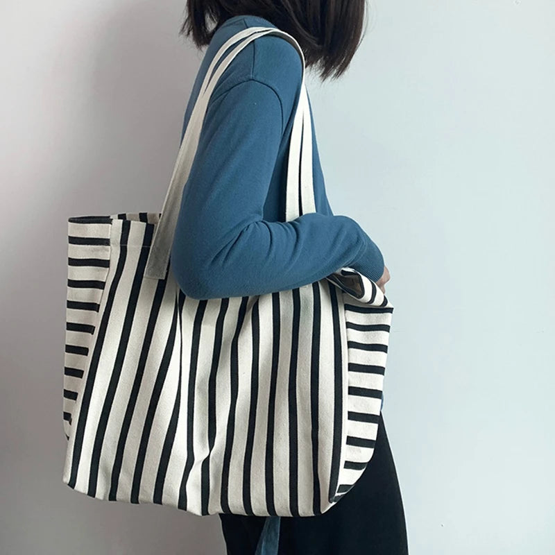 New Beach Tote Bag Fashion Women Canvas Summer Large Capacity Striped Shoulder Bag Tote Handbag Shopping Shoulder Bags ﻿