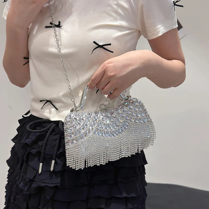 Gold Evening Clutch Bag For Women Luxury Diamond Party Purse Handbag Fashion Tassel Shoulder Crossbody Box Lipstick Bag Designer