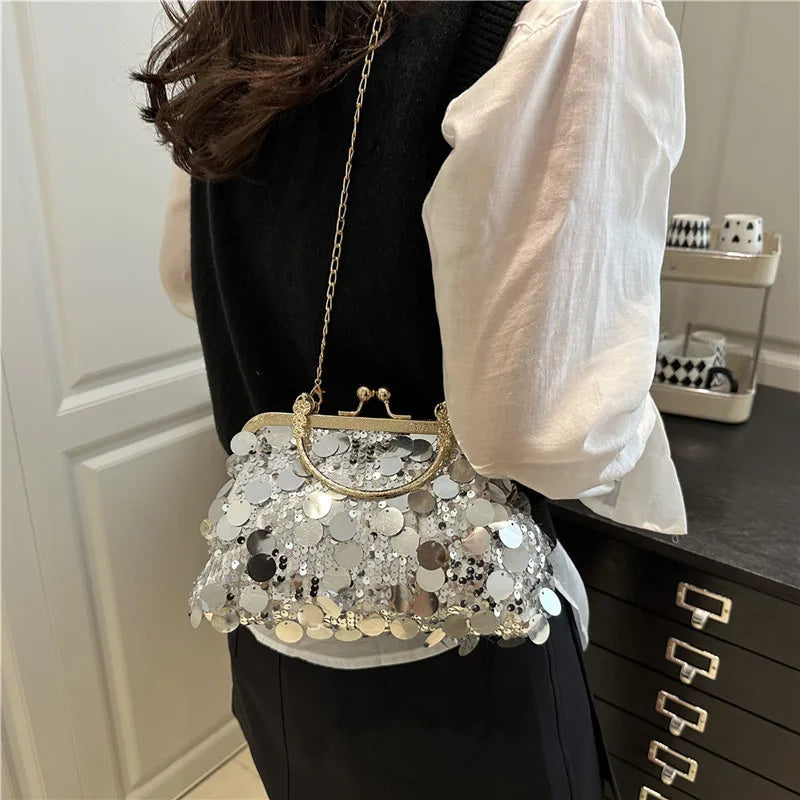 Elegant Sequined Evening Shoulder Bags for Women Solid Color Ladies Clip Chain Crossbody Bag Casual Female Shell Handbags Purse