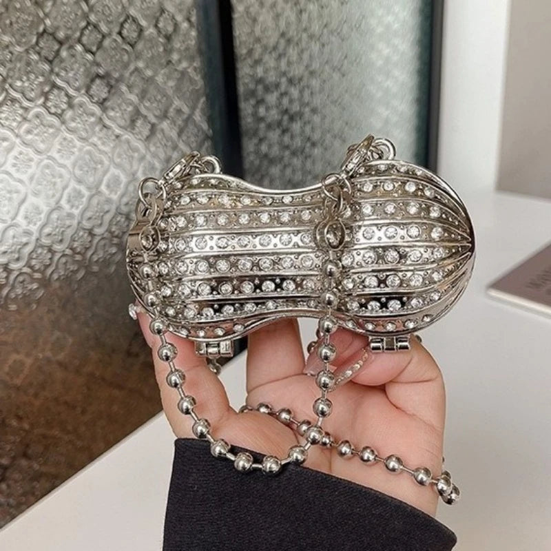 Luxury Diamond Inlay Peanut Shape Crystal Clutch Purse Stones Evening Wedding Party Shoulder Bag Handle Rhinestone Mini Handbags
