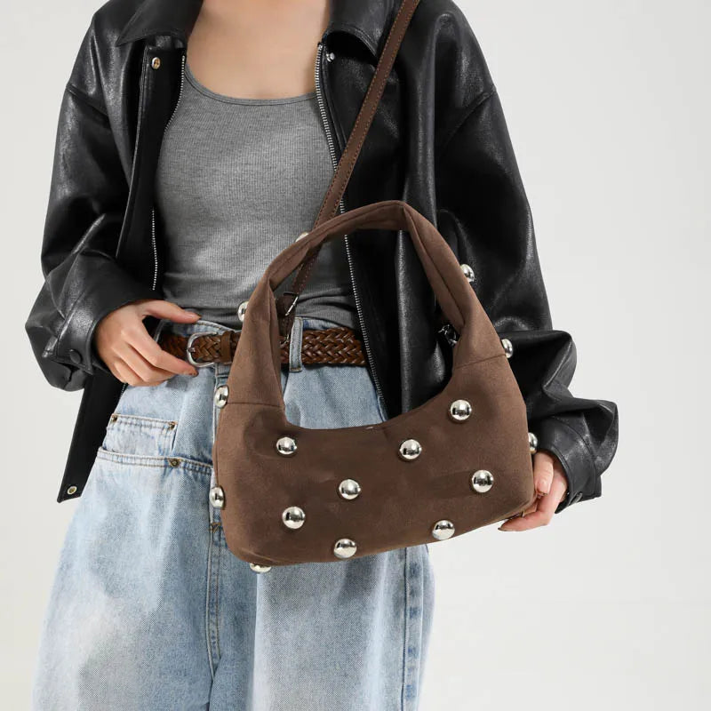 Luxury Purple Handbag For Women Luxury Studded Beading Handbags Wine Red Purse Solid Color Suede Leather Shoulder Crossbody Bags