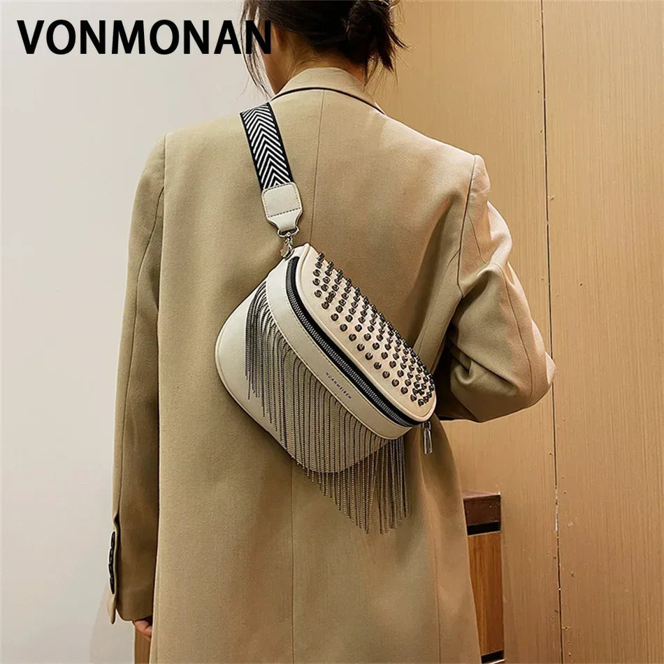 Luxury Woman Chest Bag Fashion Tassel Leather Large Capacity Crossbody Sling Bag Women Waist Bag Casual Rivet Design Travel Sac