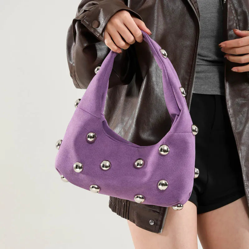 Luxury Purple Handbag For Women Luxury Studded Beading Handbags Wine Red Purse Solid Color Suede Leather Shoulder Crossbody Bags