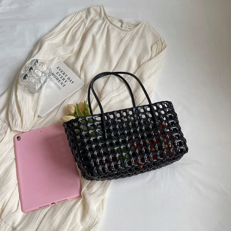 LEFTSIDE Small Solid Color Weave Tote Bags for Women 2025 Fashion Summer Shoulder Bags Simple Handbags Hollow Out Beach Bag