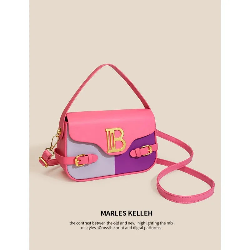 Luxury women's crossbody bag with color-blocking and stitching, box-style multi-color textured light luxury commuter bag.