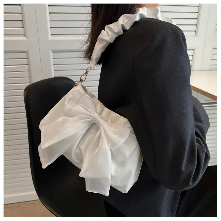 Fashion Casual Handbags For Women Cute Bow Black White Blue Kahki PU Handbags Trendy Daily Shoulder Underarm Bags bolsa feminina