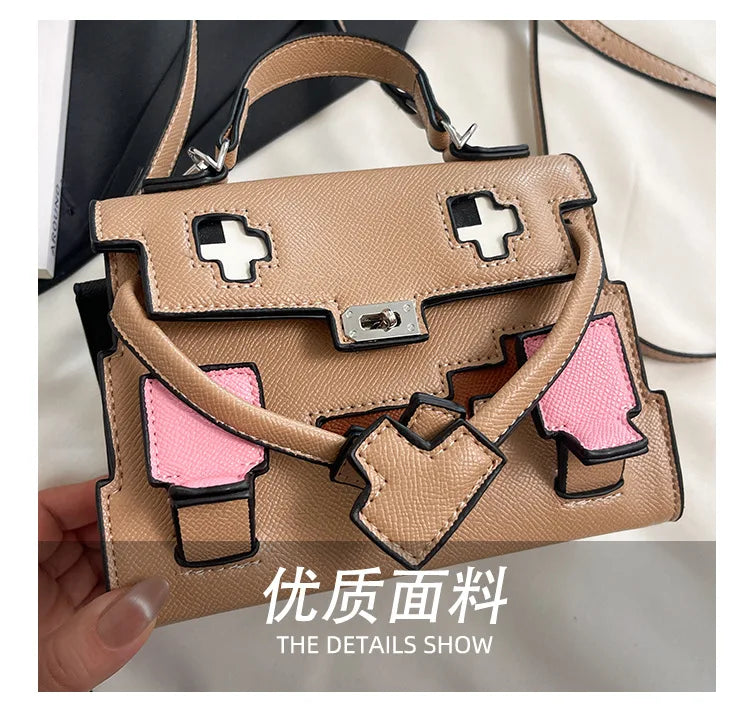 2025 Niche Kelly Bag Womens Mosaic Doll Robot Print Shoulder Crossbody Purse Unique Designer Handheld Tote Fashion Statement