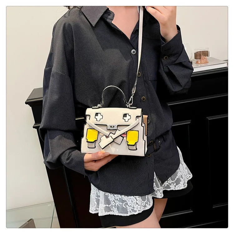 2025 Niche Kelly Bag Womens Mosaic Doll Robot Print Shoulder Crossbody Purse Unique Designer Handheld Tote Fashion Statement