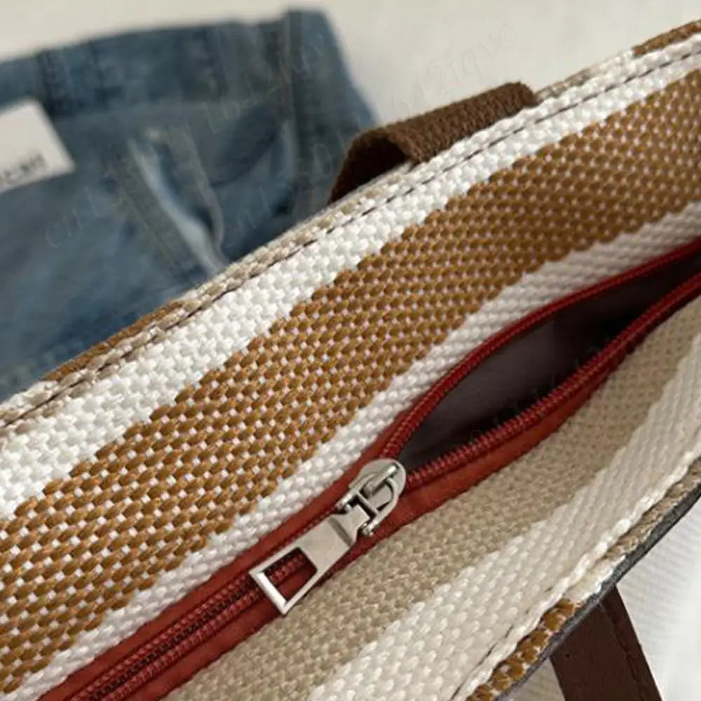 Striped Hobo Shoulder Bags Women Zipper Bucket Bags Canvas Tote Bag Simple Handbag Daily Commuting Bag Travel Top-Handle Bags