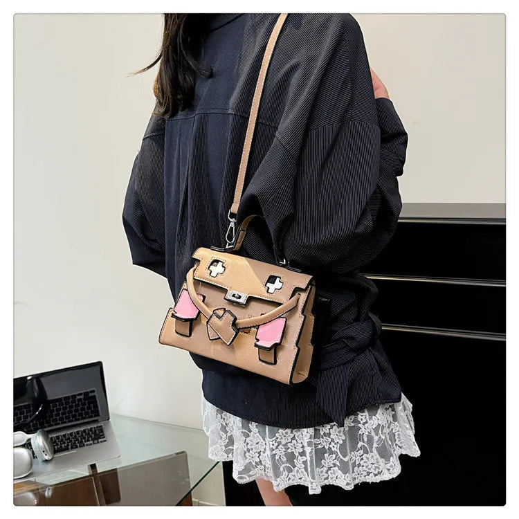 2025 Niche Kelly Bag Womens Mosaic Doll Robot Print Shoulder Crossbody Purse Unique Designer Handheld Tote Fashion Statement