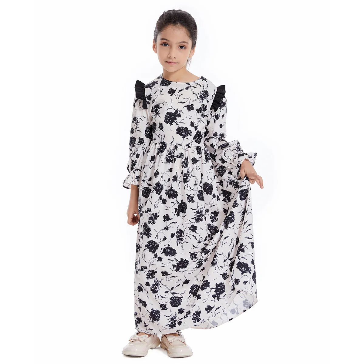 Abaya Girls Long Sleeve Dresses,Muslim Floral Dress for Kids,Conservative Outfits,Full Cover Robe Gown,Children's Beaching Dress