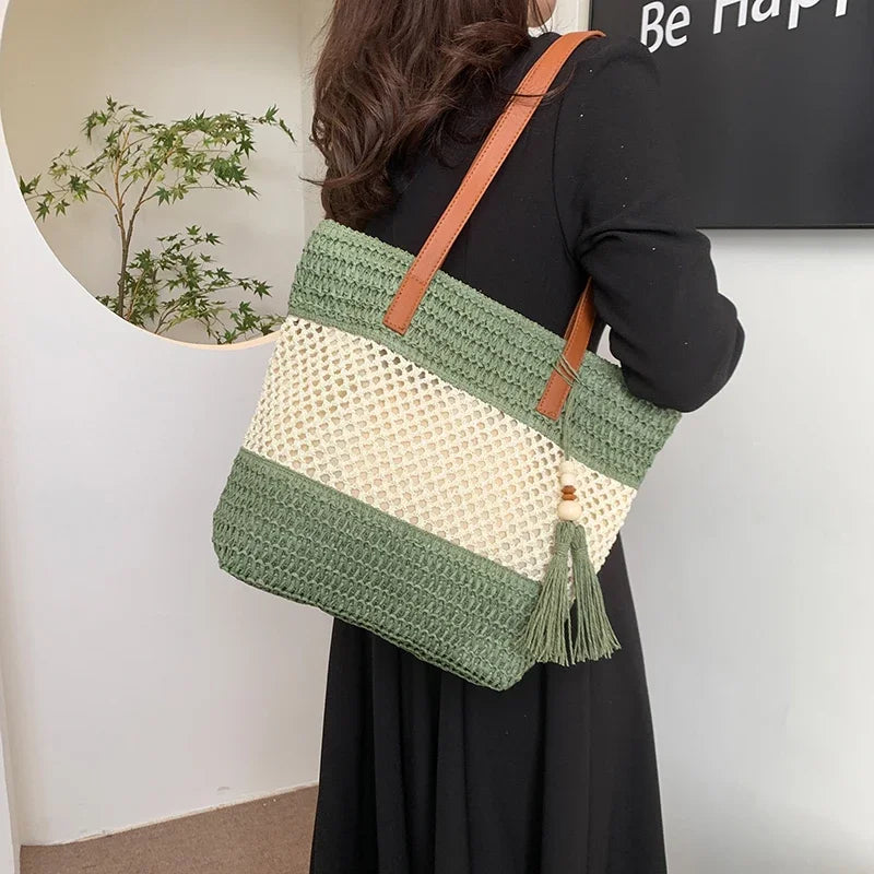 Color-blocked Linen Knitting Fashion Shoulder Bag Hollow Large Capacity Zipper Casual Tote Hot Sale Bags for Women Bolsa Mujer