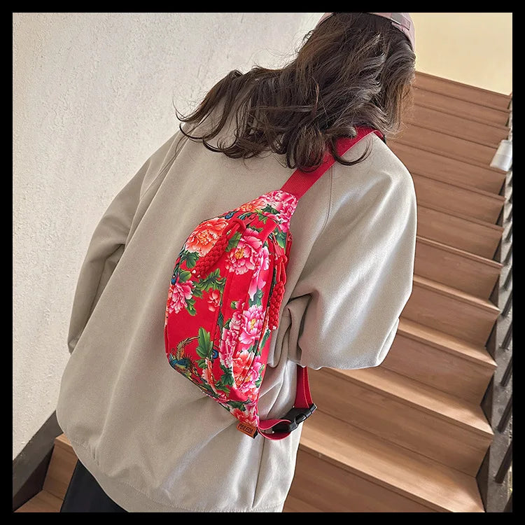 Women Fanny Bag Pack Large Flower Nylon Belt Bags Fashion Waist Pack Zipper Bag Adjustable Lightweight Multifunction Waterproof