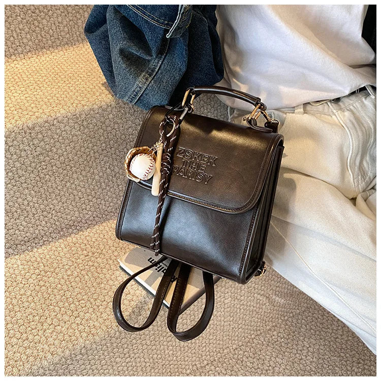 Casual Retro Large Capacity Women's Backpack Fashionable Versatile Stylish Satchel Crossbody Bag New Black City Simple Style PU