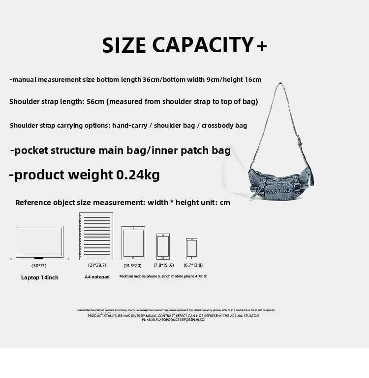 Shoulder Bag for Women New Washed Denim Bags Retro Crescent Bag Diagonal Span Underarm Tote Handbag Mini Portable