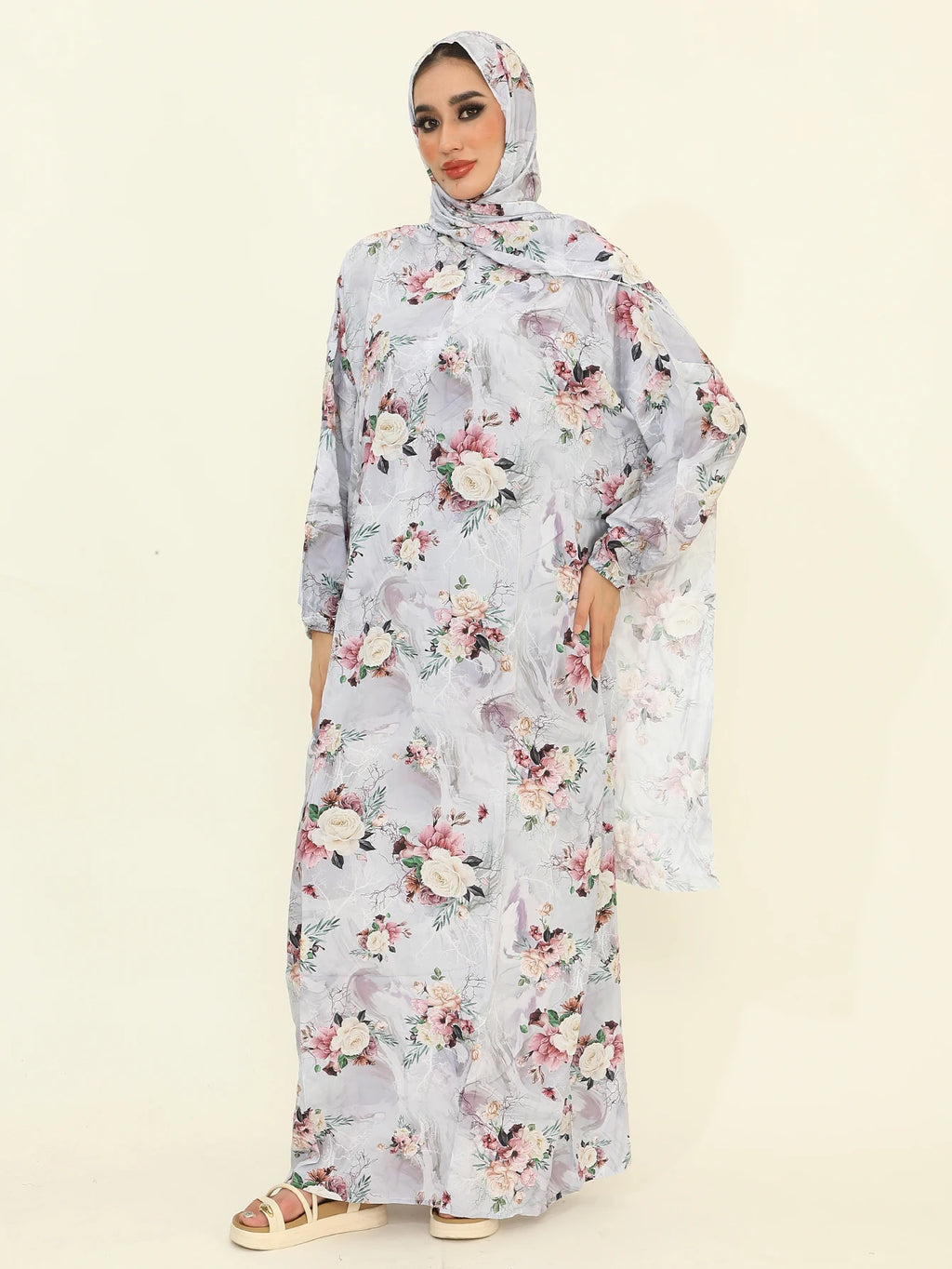 Autumn New Muslim Fashion Abaya Dresses with Hijab One Piece Prayer Dresses Flower Printed Pretty Dubai Abayas