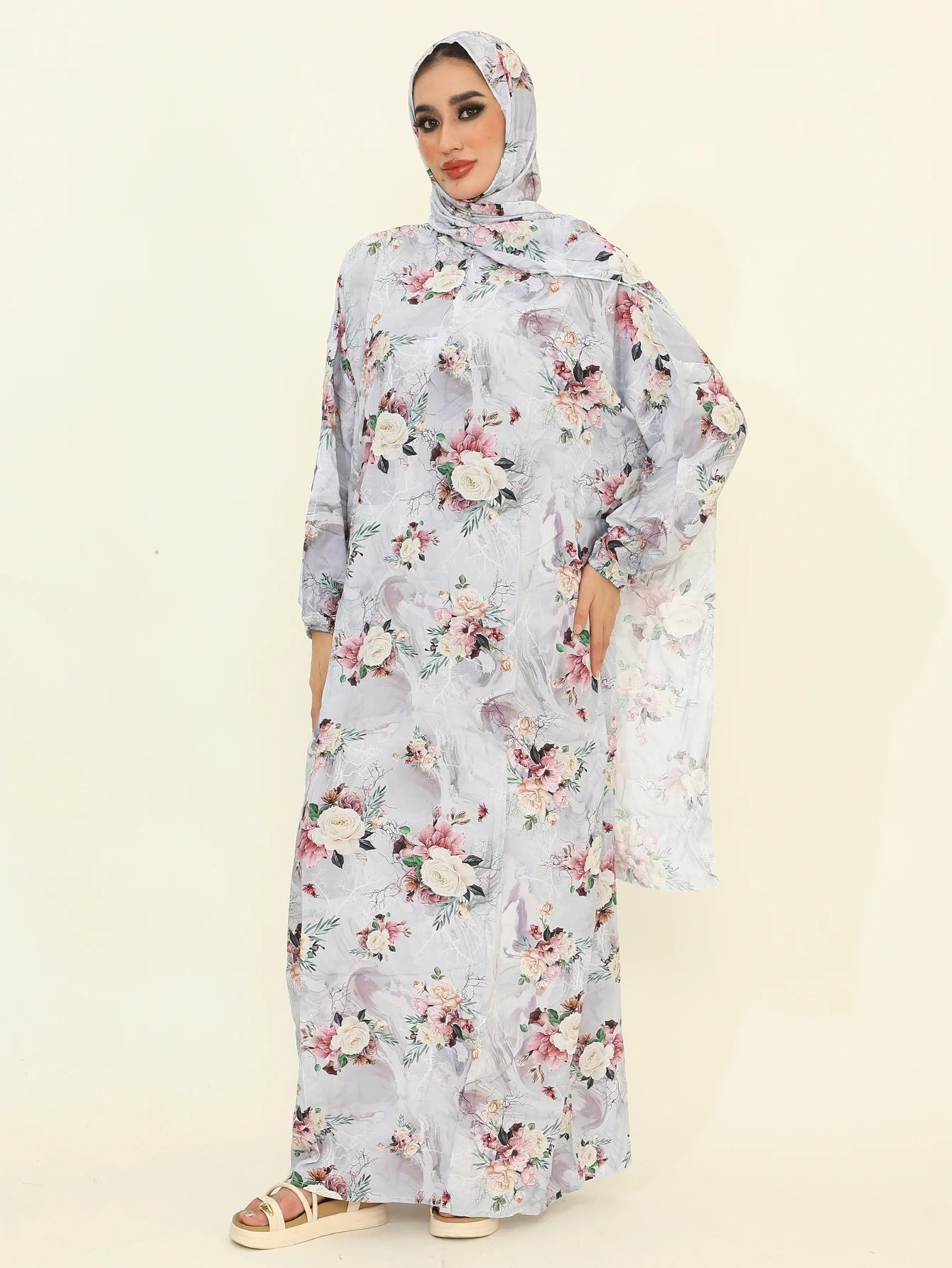 Autumn New Muslim Fashion Abaya Dresses with Hijab One Piece Prayer Dresses Flower Printed Pretty Dubai Abayas