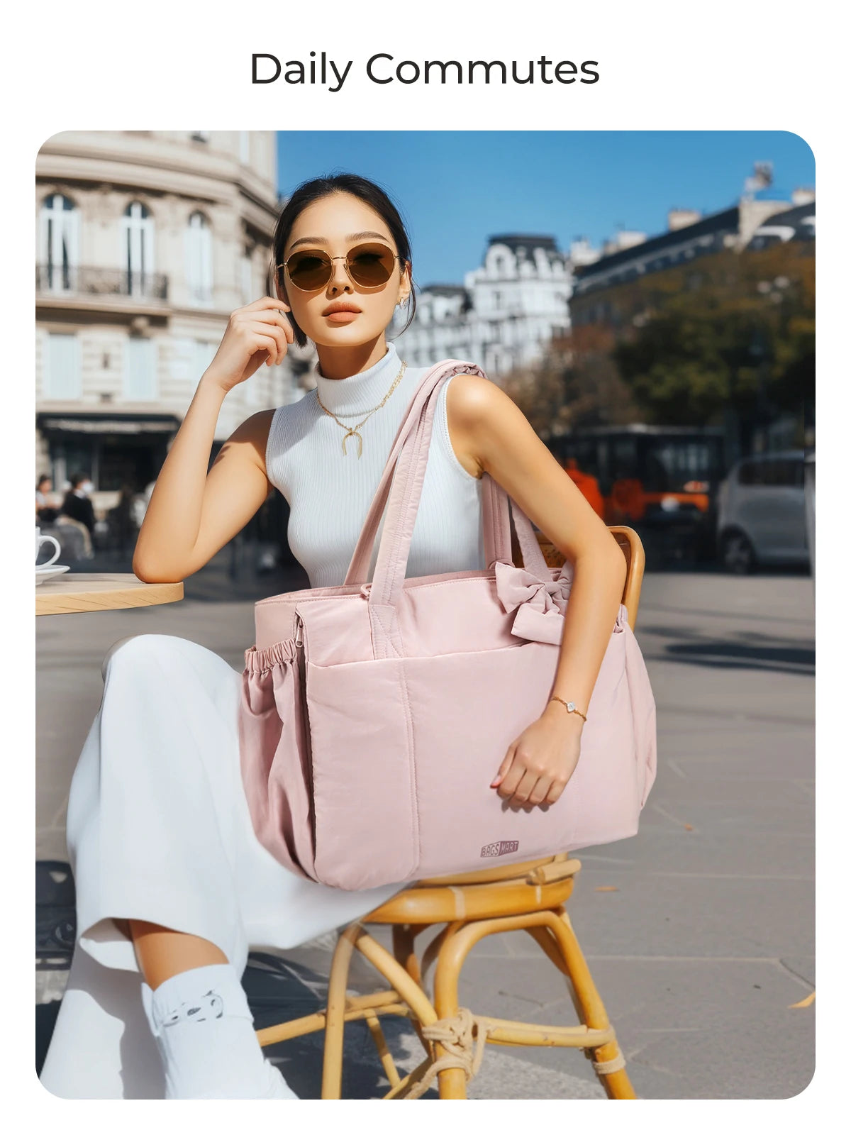 BAGSMART Padded Tote Bag With Bow Casual Quilted Padded Women Shoulder Bags Fit 15.6in Laptop Large Capacity Yoga Gym Bags