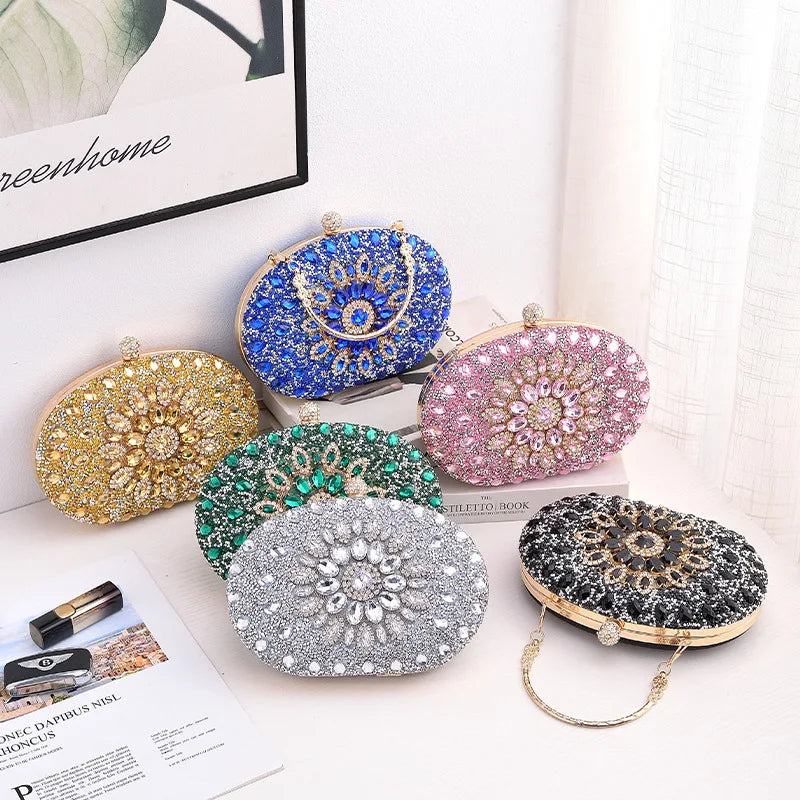 Gold Round Bag Luxury Brand Rhinestone Clutch Bags for Women 2024 Crystals Party Purses Diamond Designer Crossbody Handbags