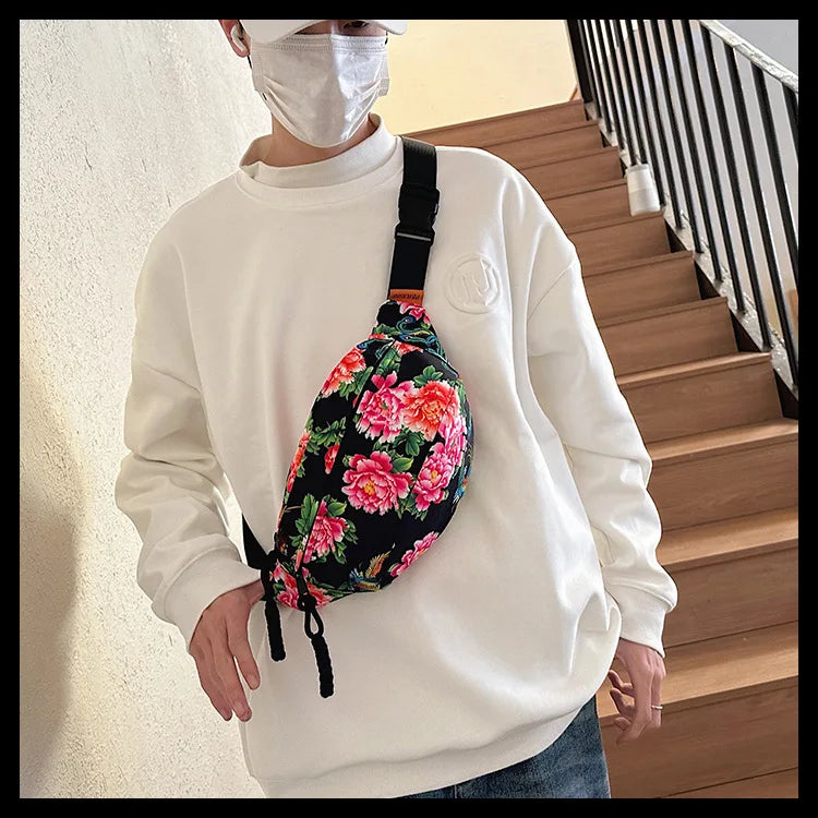 Women Fanny Bag Pack Large Flower Nylon Belt Bags Fashion Waist Pack Zipper Bag Adjustable Lightweight Multifunction Waterproof