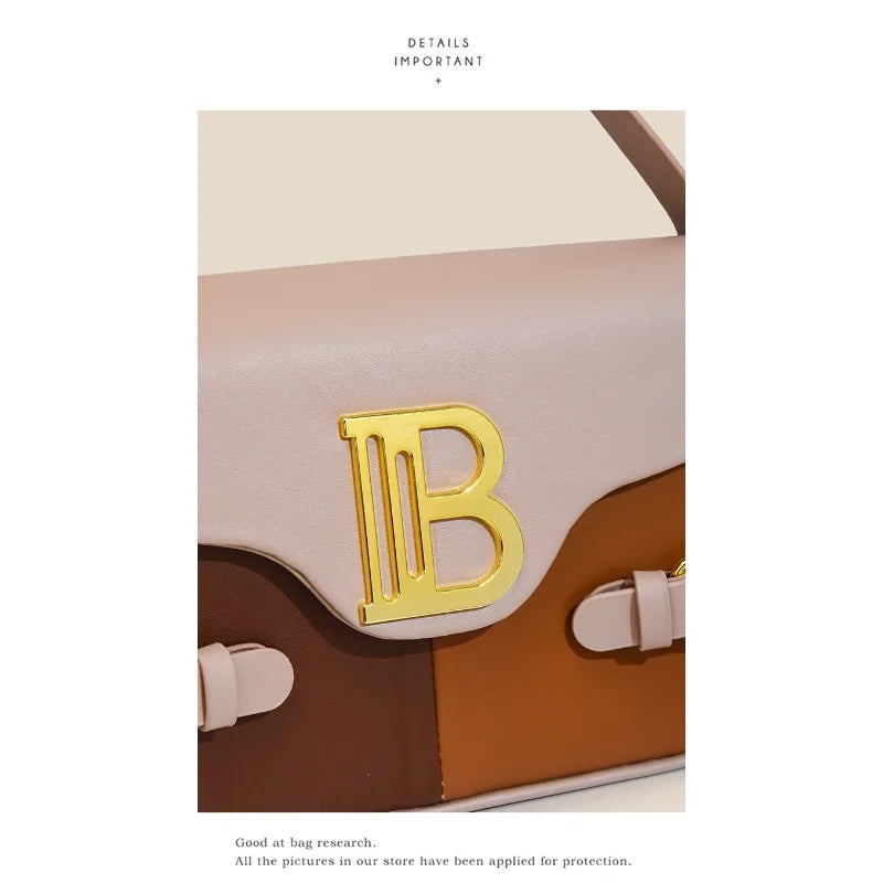 Luxury women's crossbody bag with color-blocking and stitching, box-style multi-color textured light luxury commuter bag.