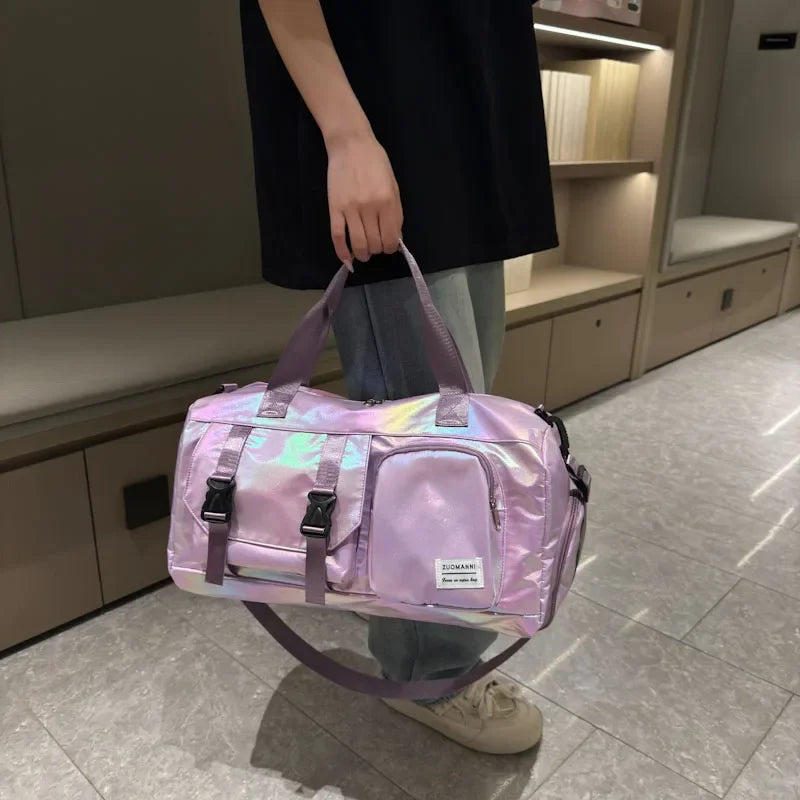 Holographic Glamour Duffel Bag - Spacious,Stylish Shoulder Tote with Shoe Compartment for Effortless Weekend Escapes -