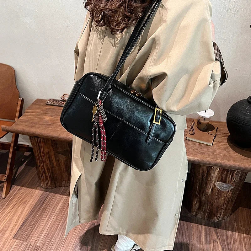 Luxury Black PU Leather Crossbody Bag for Women - Golden Buckle Strap & Red/Black Plaid Tassel, Y2K Underarm Bags Work Bag