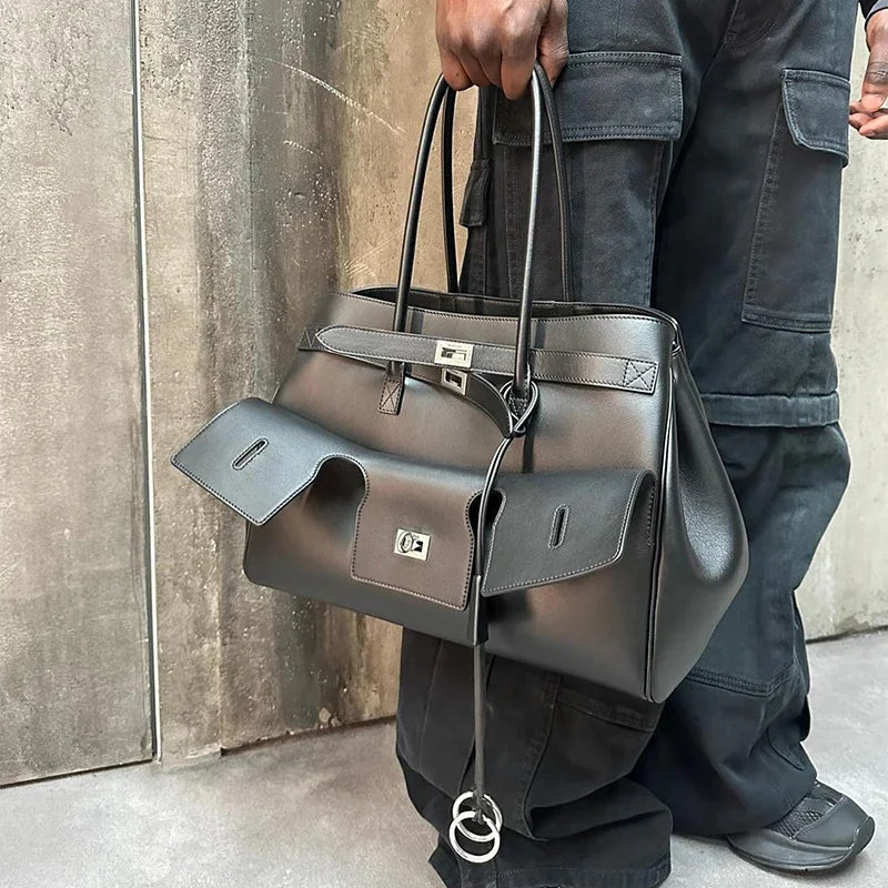 Luxury Brand Silver Buckle Fashion Genuine Leather Handbag New Large Capacity Tote Bag Designer Women's Commuter Shoulder Bag