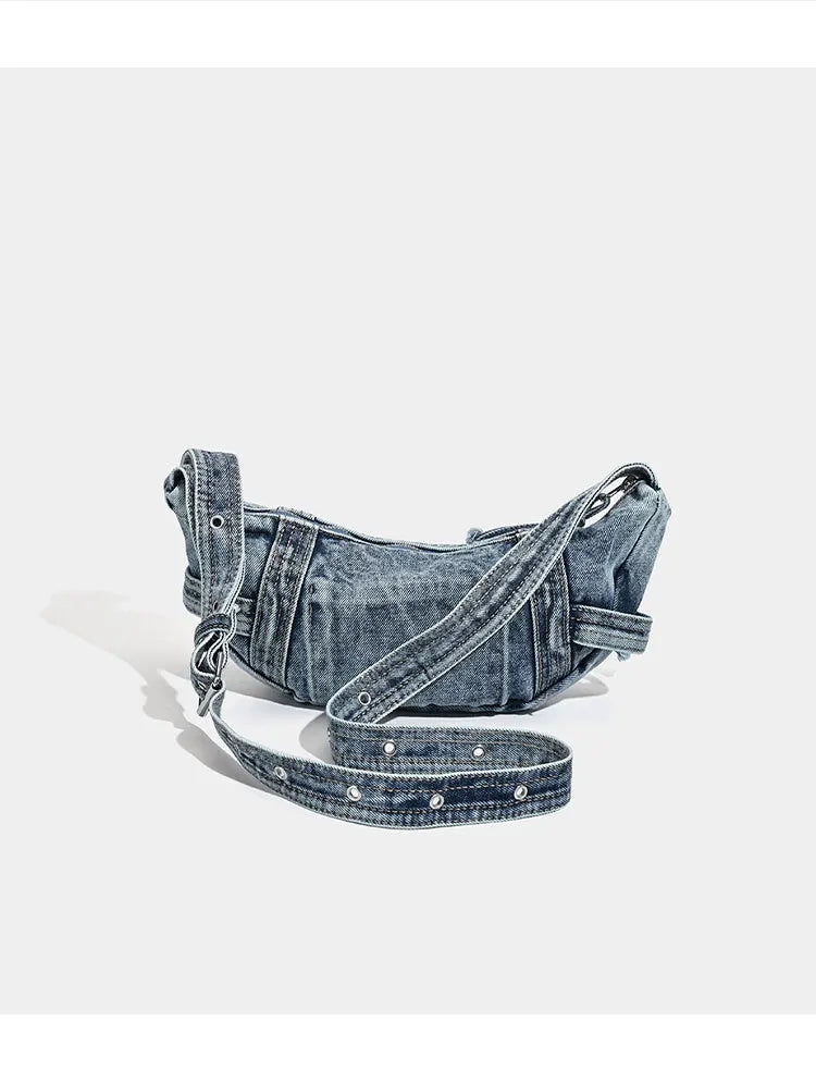 Shoulder Bag for Women New Washed Denim Bags Retro Crescent Bag Diagonal Span Underarm Tote Handbag Mini Portable