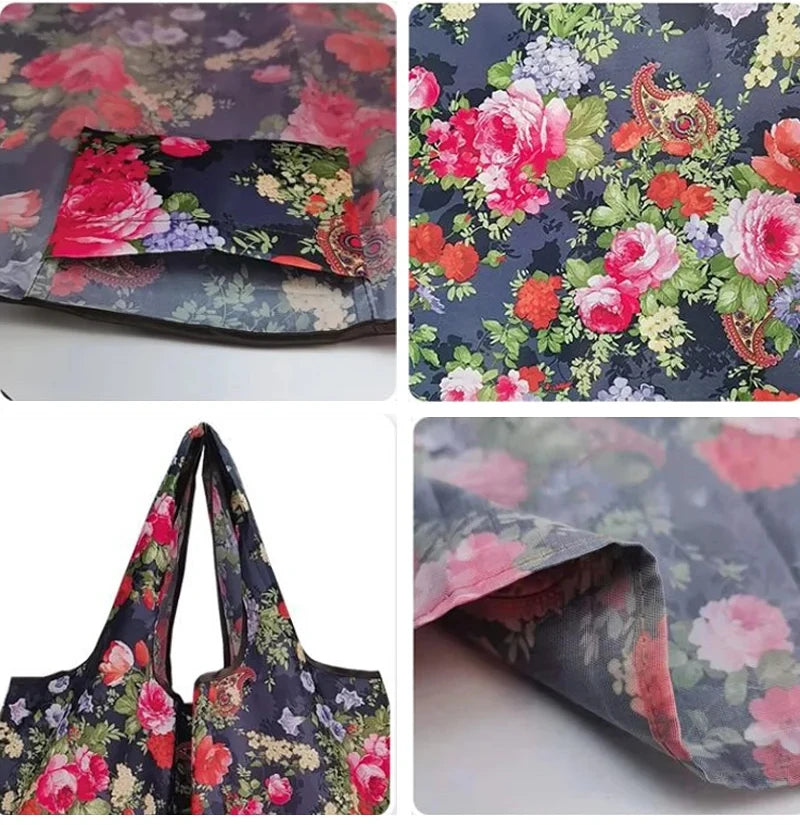 Fashion Pocket Tote Women Bag Eco-Friendly Folding Shopping Bag Reusable Portable Shoulder Handbag for Travel Supermarket