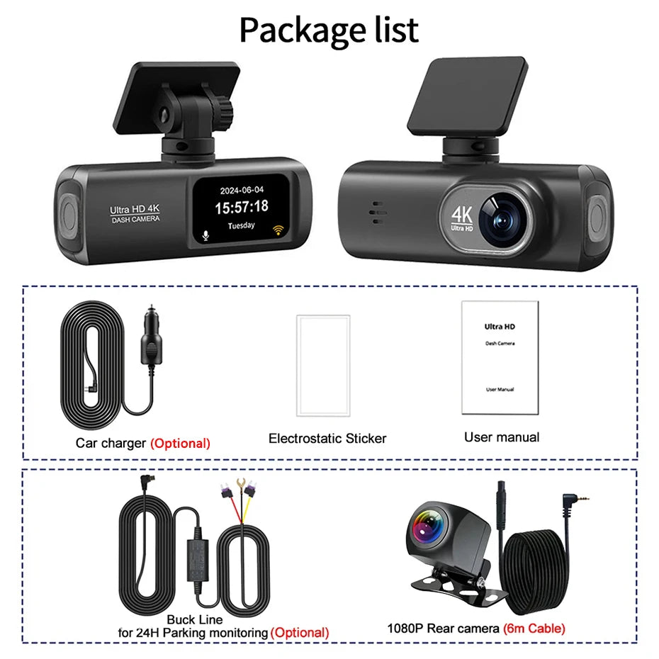 Dash Cam 4K UHD for Car Camera Front Rear Dual Lens With GPS WiFi 24h Parking Mode Night Vision Car DVR Video Registrator