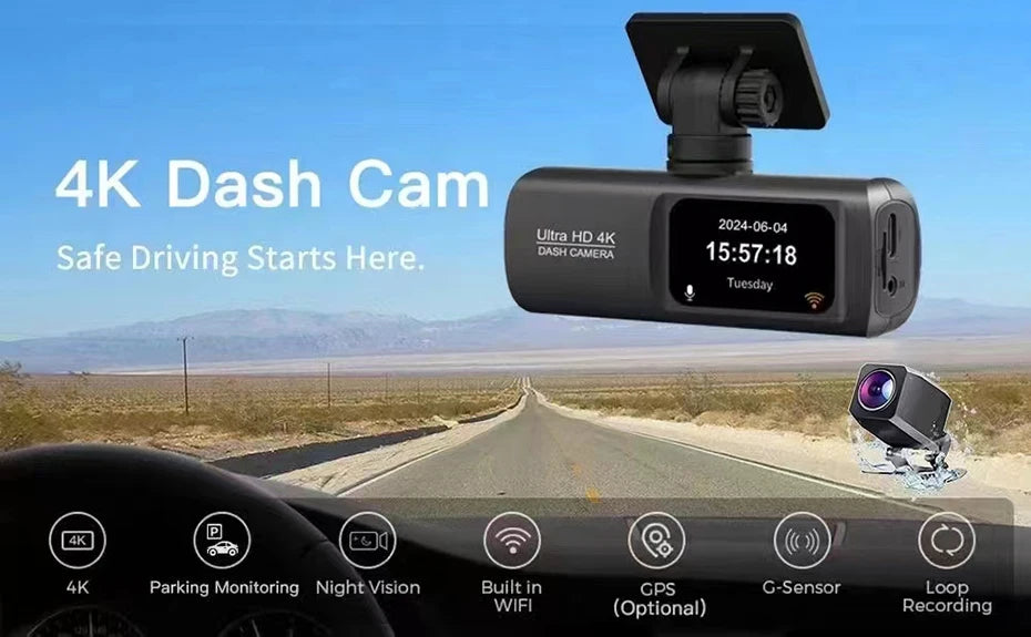 Dash Cam 4K UHD for Car Camera Front Rear Dual Lens With GPS WiFi 24h Parking Mode Night Vision Car DVR Video Registrator