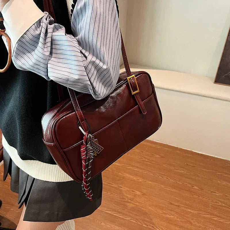 Luxury Black PU Leather Crossbody Bag for Women - Golden Buckle Strap & Red/Black Plaid Tassel, Y2K Underarm Bags Work Bag