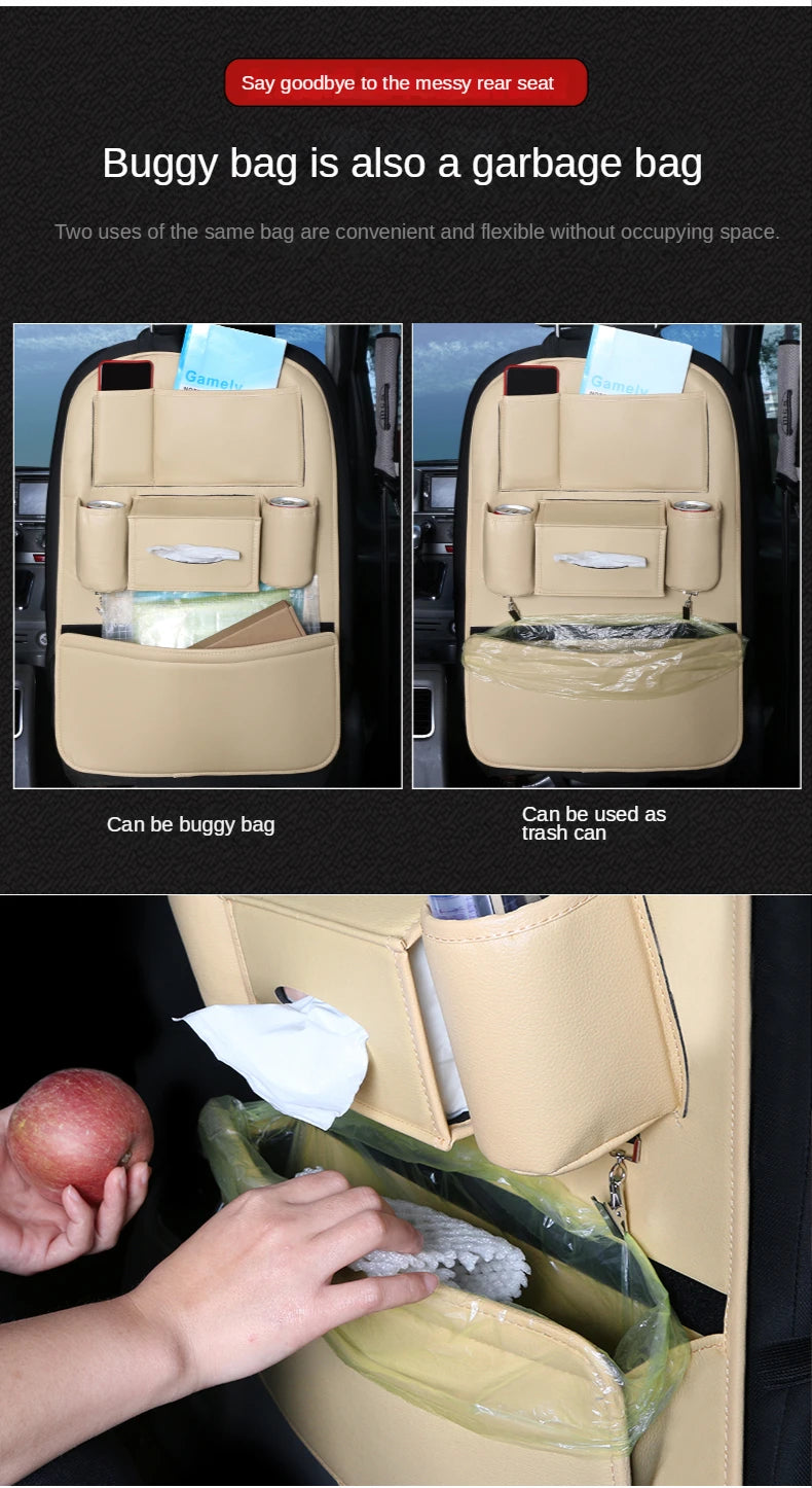 Leather Car Backseat Organizer Rear Row Children's Seat Back Hanging Storage Bag Shelf Garbage Can Trash Tissue Bottle Organiser