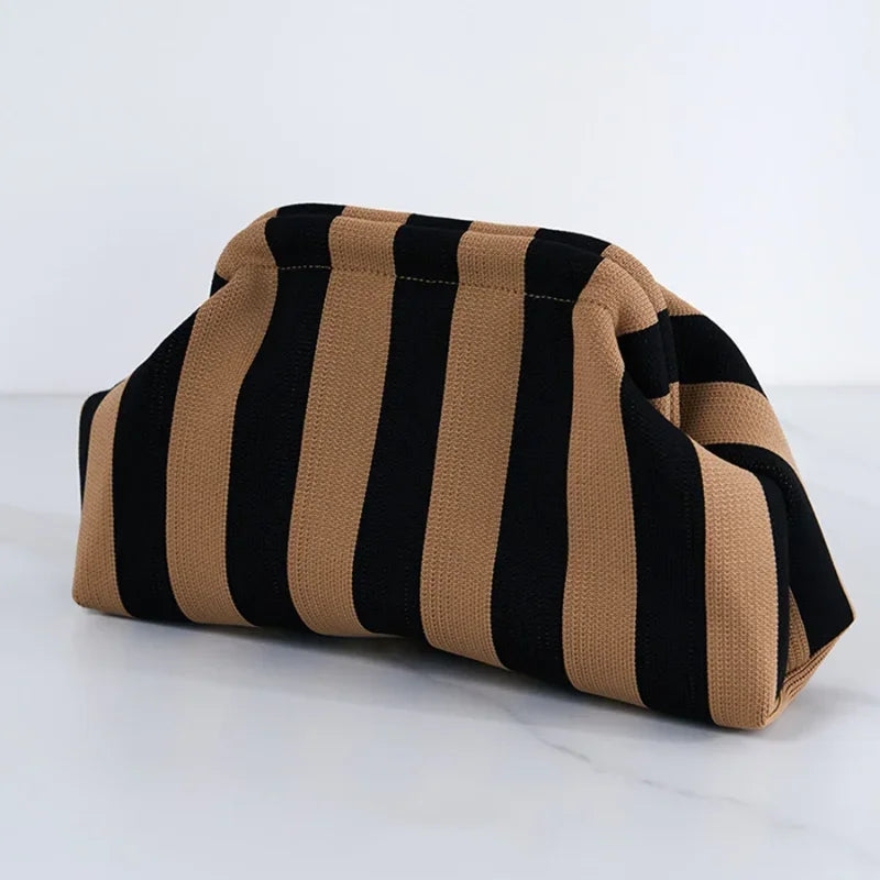 Knitted Striped Handbag Summer Beach Clutch Bags for Women Crochet Handbags Purses Knitting Dumpling Ruched Cosmetics Storage