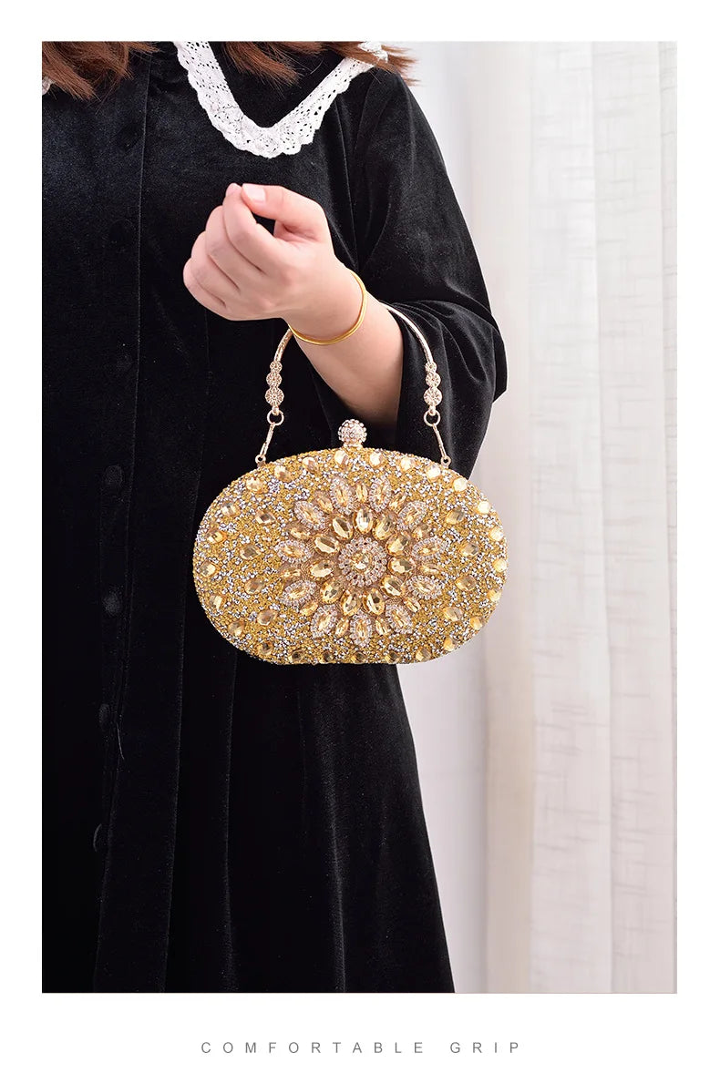Gold Round Bag Luxury Brand Rhinestone Clutch Bags for Women 2024 Crystals Party Purses Diamond Designer Crossbody Handbags