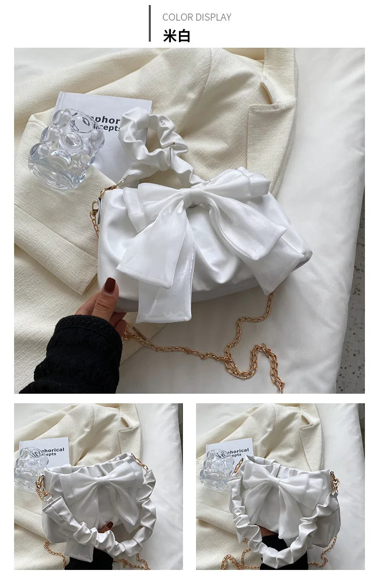 Fashion Casual Handbags For Women Cute Bow Black White Blue Kahki PU Handbags Trendy Daily Shoulder Underarm Bags bolsa feminina