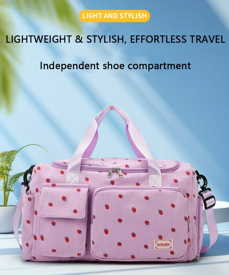 Large Capacity Strawberry Print Duffel Bag with Multiple Compartments - Ideal for Travel, Gym, and Everyday Use, Casual Style