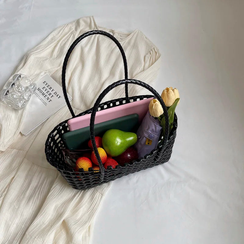 LEFTSIDE Small Solid Color Weave Tote Bags for Women 2025 Fashion Summer Shoulder Bags Simple Handbags Hollow Out Beach Bag