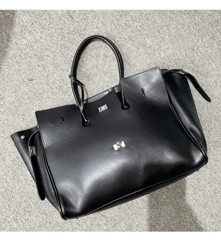Luxury Brand Silver Buckle Fashion Genuine Leather Handbag New Large Capacity Tote Bag Designer Women's Commuter Shoulder Bag