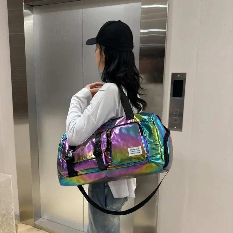 Holographic Glamour Duffel Bag - Spacious,Stylish Shoulder Tote with Shoe Compartment for Effortless Weekend Escapes -
