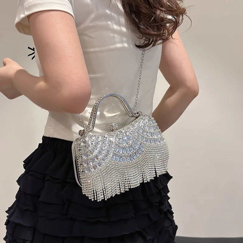 Gold Evening Clutch Bag For Women Luxury Diamond Party Purse Handbag Fashion Tassel Shoulder Crossbody Box Lipstick Bag Designer