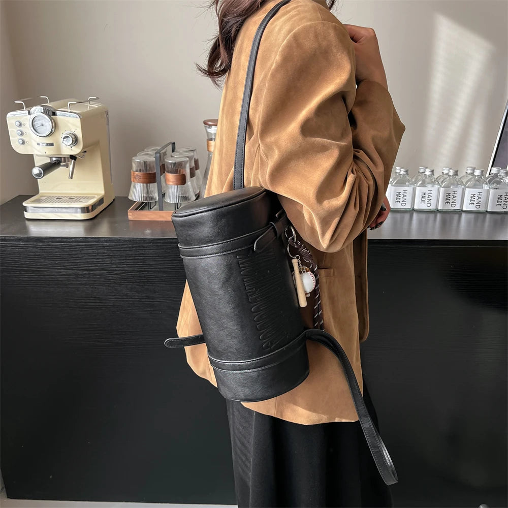 Multifunctional Cylinder Shaped Shoulder Bags For Women 2024 Winter Latest Designer Handbags Luxury Cross Body Bag With Pendant