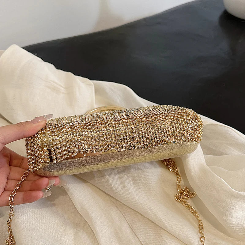 Gold Evening Clutch Bag For Women Luxury Diamond Party Purse Handbag Fashion Tassel Shoulder Crossbody Box Lipstick Bag Designer