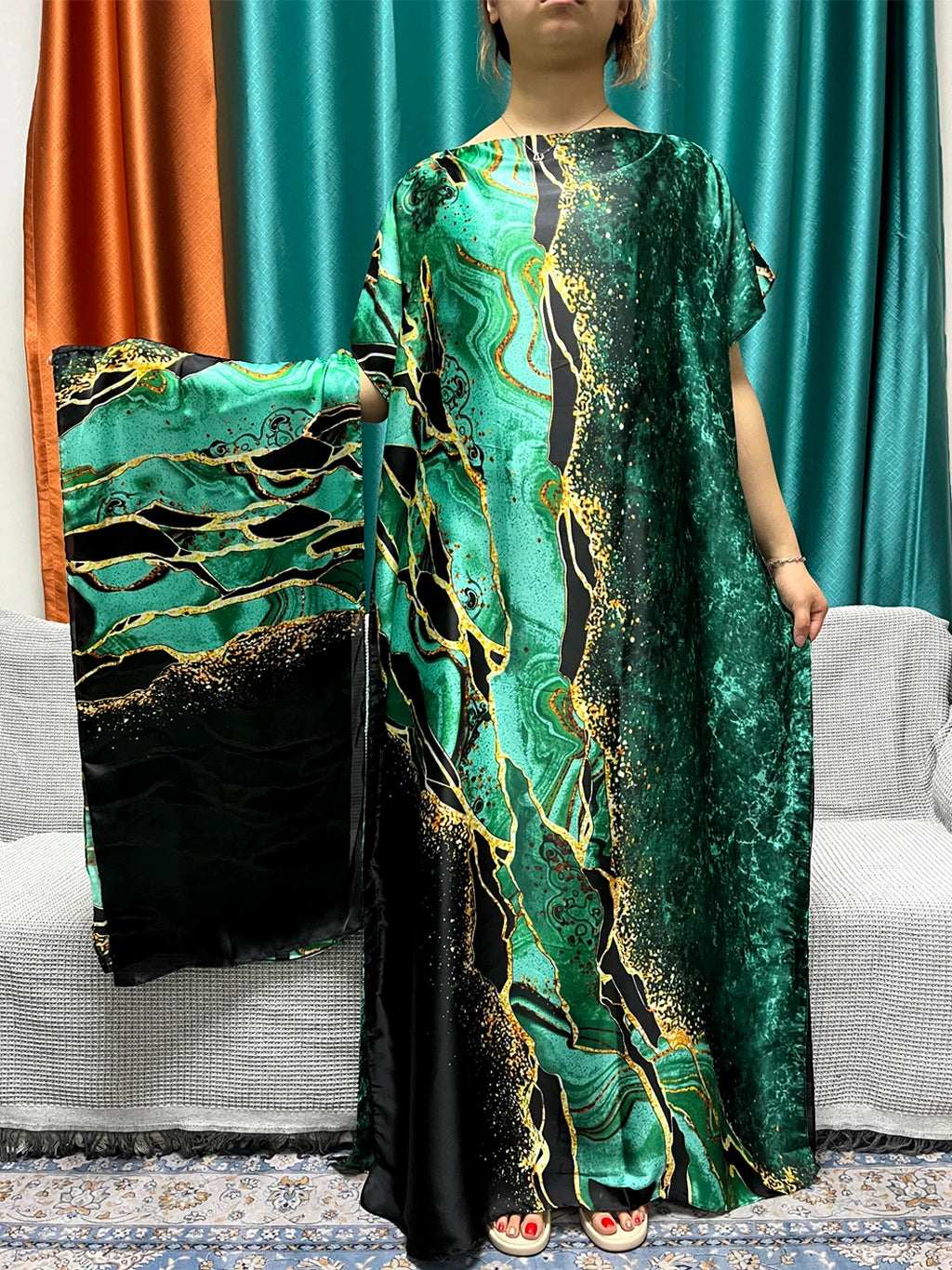 Muslim Silk Abayas For Women 2023 Fashion Print Islam Turkey Loose Elegant Femme Robe African Summer Ice Clothes With Headscarf