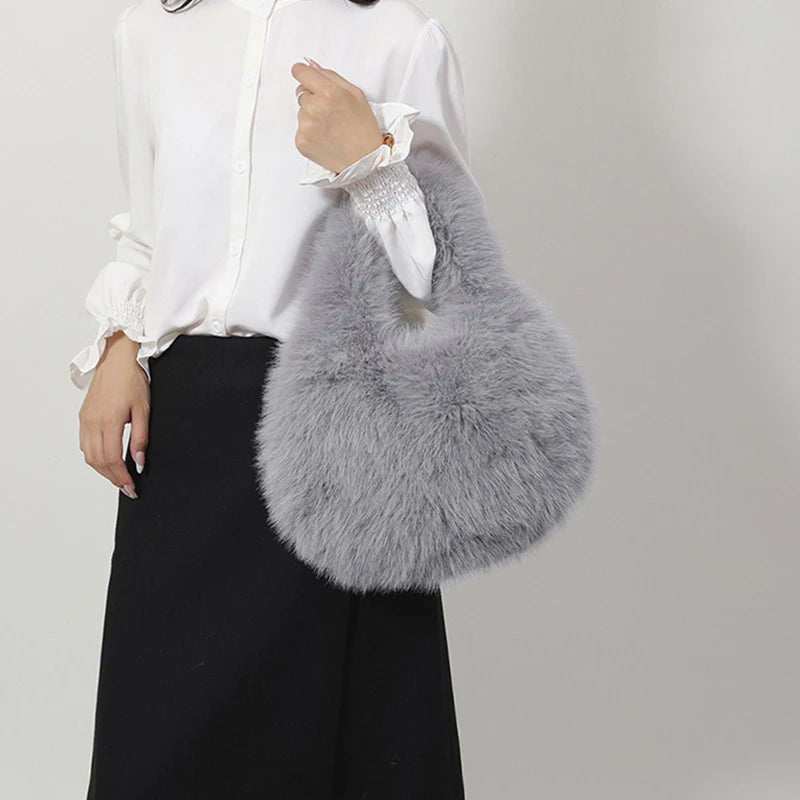 Small Hobo Handle Bags for Women Shoulder Bags Designer Furry Purse and Handbags Fashionable Cute Female Plush Bag