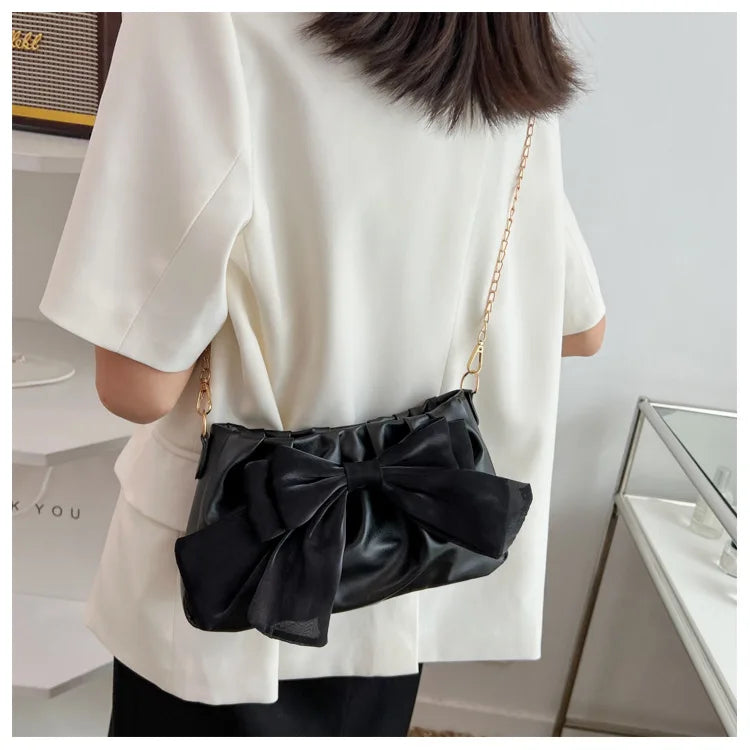 Fashion Casual Handbags For Women Cute Bow Black White Blue Kahki PU Handbags Trendy Daily Shoulder Underarm Bags bolsa feminina
